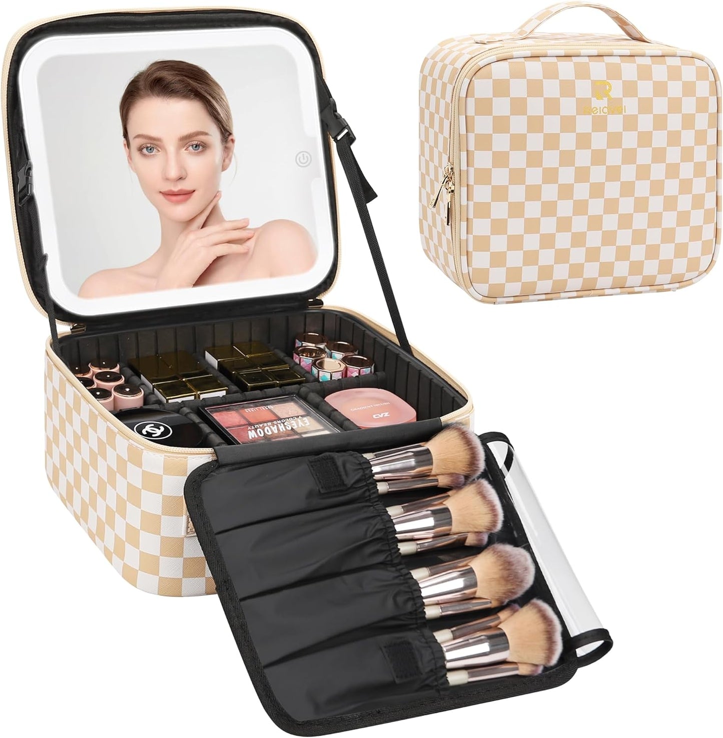 Relavel Travel Makeup Bag With LED Mirror, Cosmetic Train Case with Light up Mirror, Portable Makeup Artist Organizer Bag with Adjustable Dividers, Makeup Brush Holder Storage, Black