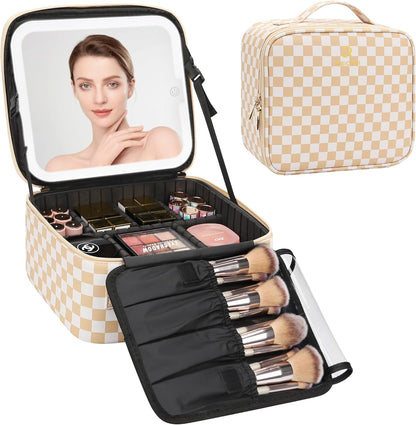 Relavel Travel Makeup Bag With LED Mirror, Cosmetic Train Case with Light up Mirror, Portable Makeup Artist Organizer Bag with Adjustable Dividers, Makeup Brush Holder Storage, Black