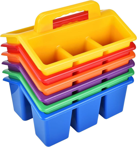 ALINK Classroom Caddy Storage Basket with Handle, 6 Pack Plastic Arts Office Crafts Caddy 4 Compartments for Kids, Pencil, Crayon, Marker, School Supplies, 6 Colors