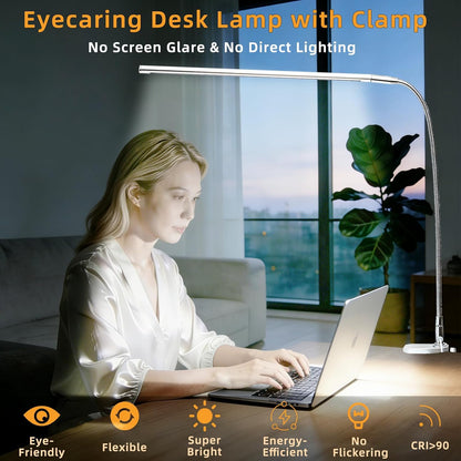 Space Aluminum LED Desk Lamp with Clamp, Clip on Light for Reading Study Desk Light 3 Modes 10 Brightness Flexible Gooseneck with USB Adapter Table Lamp for Home Office Computer Nail Work