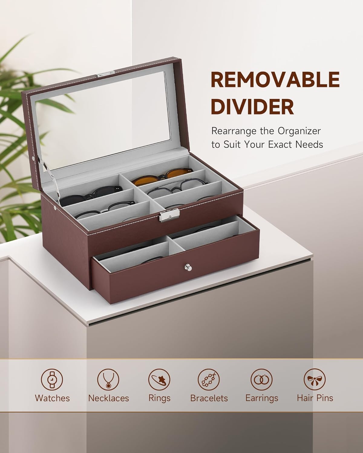 CO-Z Sunglasses Organizer with 12 Slots, Multiple Eyeglasses Eyewear Display Case for Women Men, 2 Story Leather Multi Sunglasses Jewelry Collection Holder with Drawer