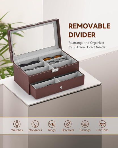 CO-Z Sunglasses Organizer with 12 Slots, Multiple Eyeglasses Eyewear Display Case for Women Men, 2 Story Leather Multi Sunglasses Jewelry Collection Holder with Drawer
