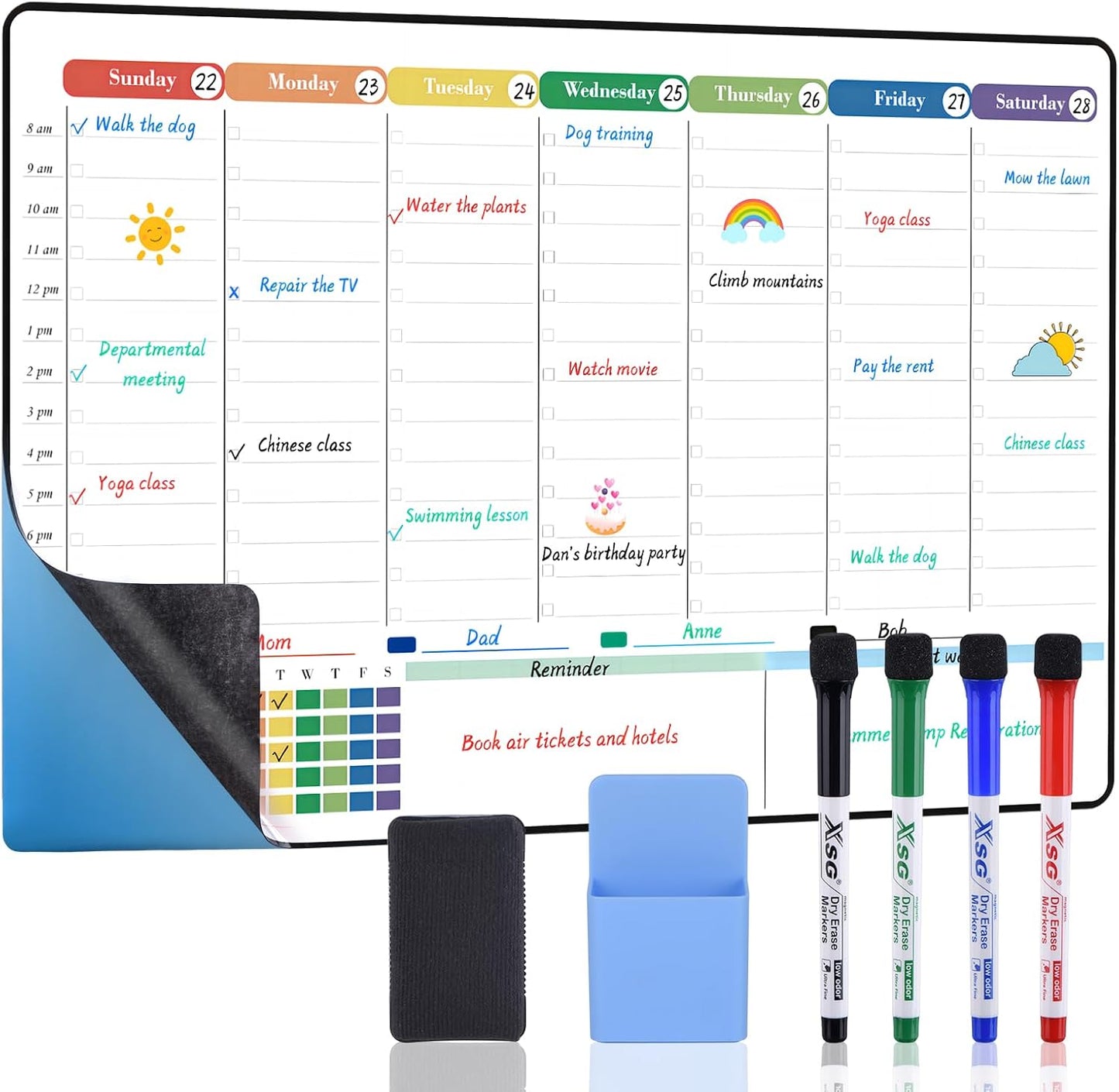 POPRUN Magnetic Fridge Calendar, 16.9"x11" Weekly Schedule Whiteboard, Dry Erase Board for Family Planning & Organization, Ideal for Home, School, Office