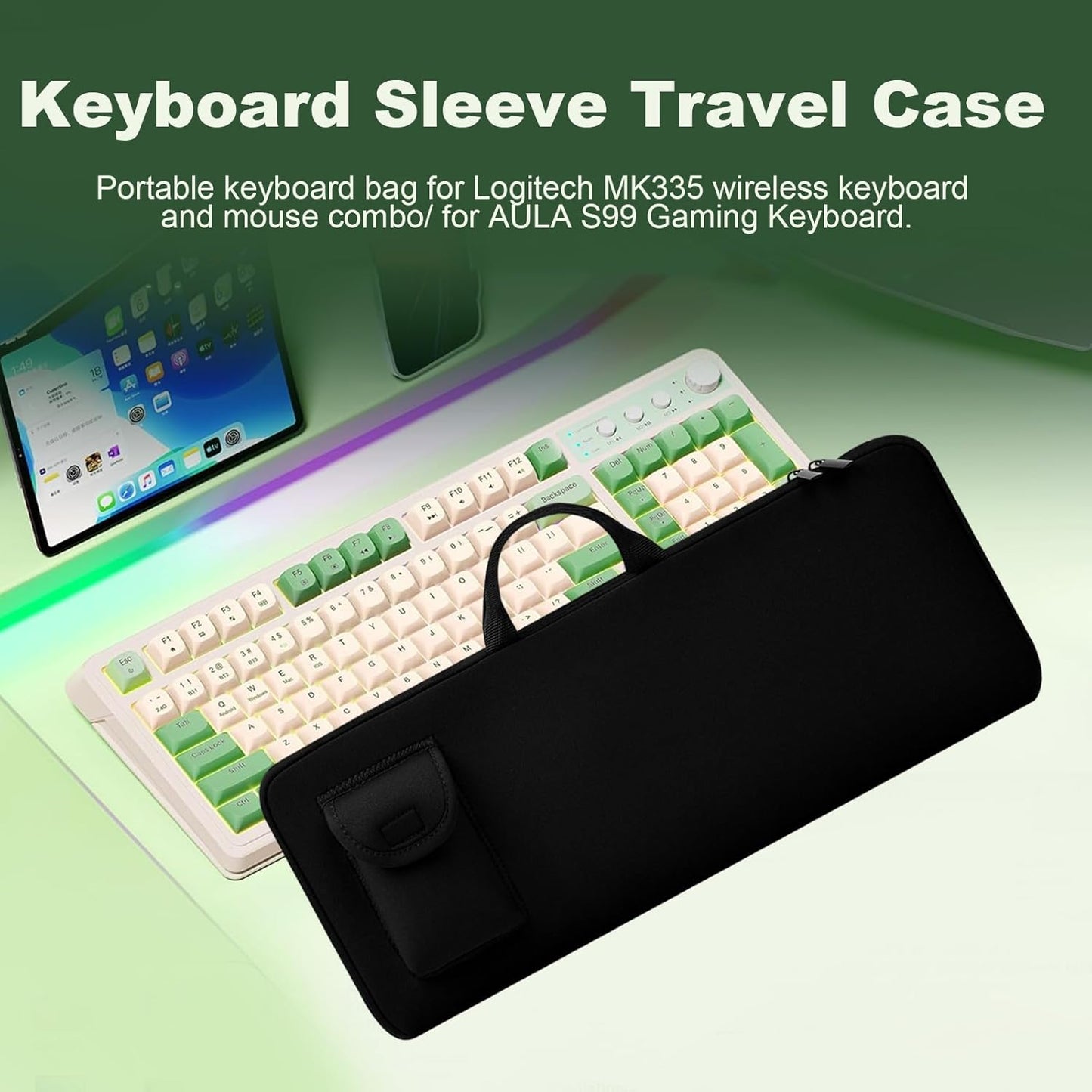 Travel Case for Logitech MK335 Wireless Computer Keyboards Mouse Combo, Neoprene Mouse Pouch and Cable Storage Bag, Keyboard Sleeve for Aula S99 Gaming Keyboard (Black)