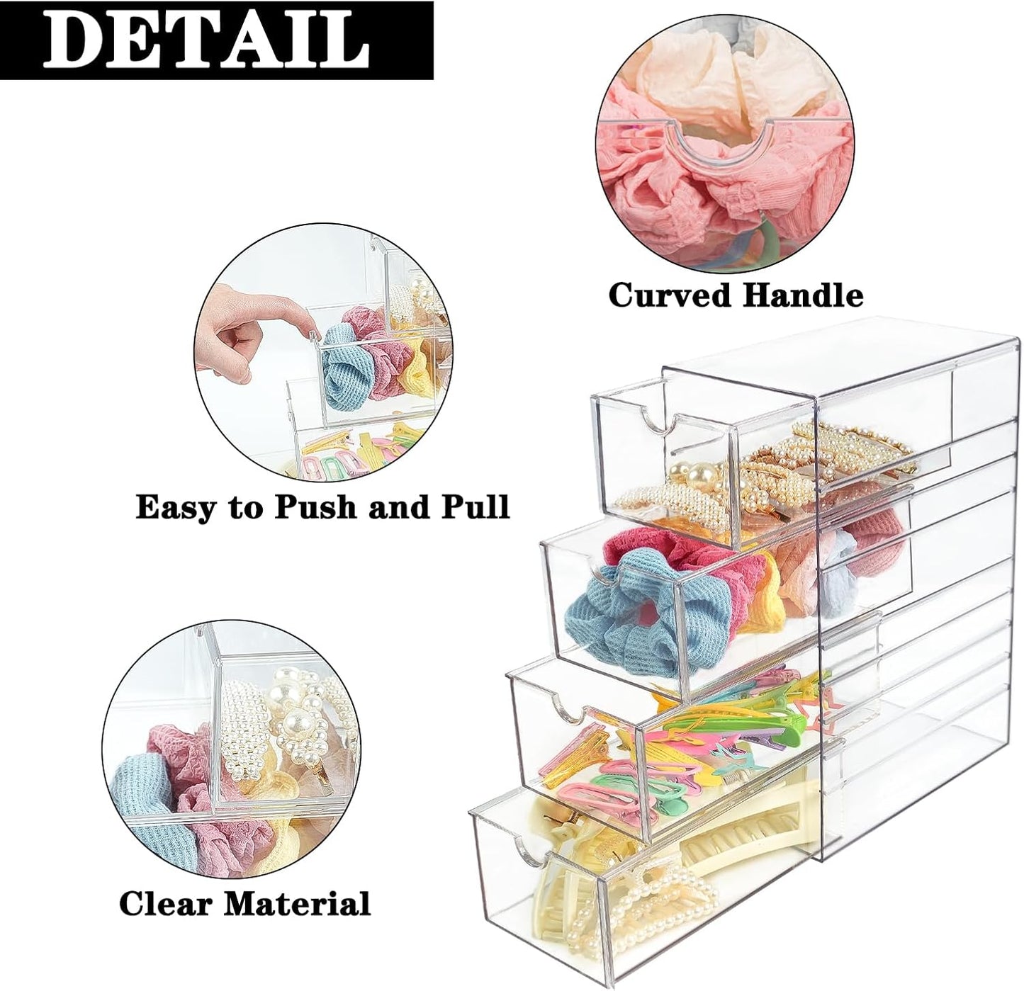 Clear Hair Accessories Organizer Box with 6 Layers, Acrylic Stackable Storage Drawers for Hair Ties, Claw Clips, Bow Holder for Girls, Vanity Makeup Organizer, Bathroom or Desk Countertop Container