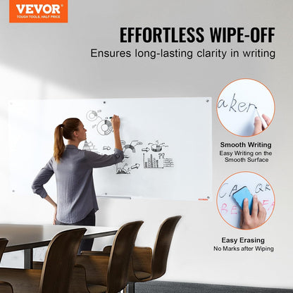 VEVOR Magnetic Glass Whiteboard, Dry Erase Board 36"x24", Wall-Mounted Large White Glassboard Frameless, with Marker Tray, an Eraser and 2 Markers, Black