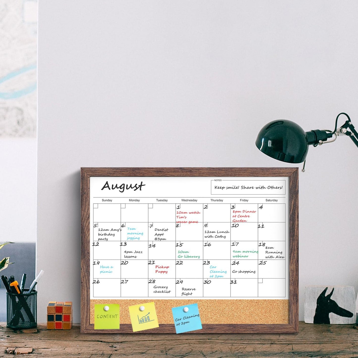 Calendar Whiteboard for Wall, TANKEE 17x13 Inches Whiteboard Calendar Cork Board Combo, Small Magnetic White Board with Wood Framed, Hanging Dry Erase Board for Kitchen Home Office School Planner
