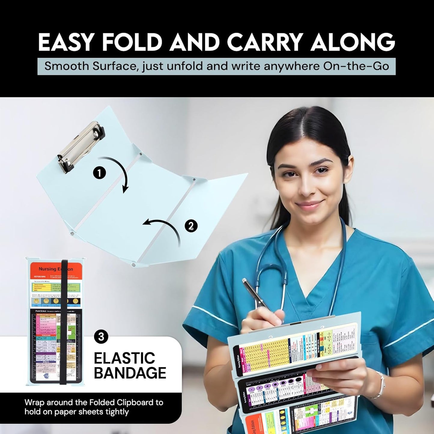 Nursing Clipboard Foldable with Medical Edition Cheat Sheets, 3 Layers Aluminum Foldable Clipboard for Nursing, Notepad for Students, Nursing School Essentials (Black)