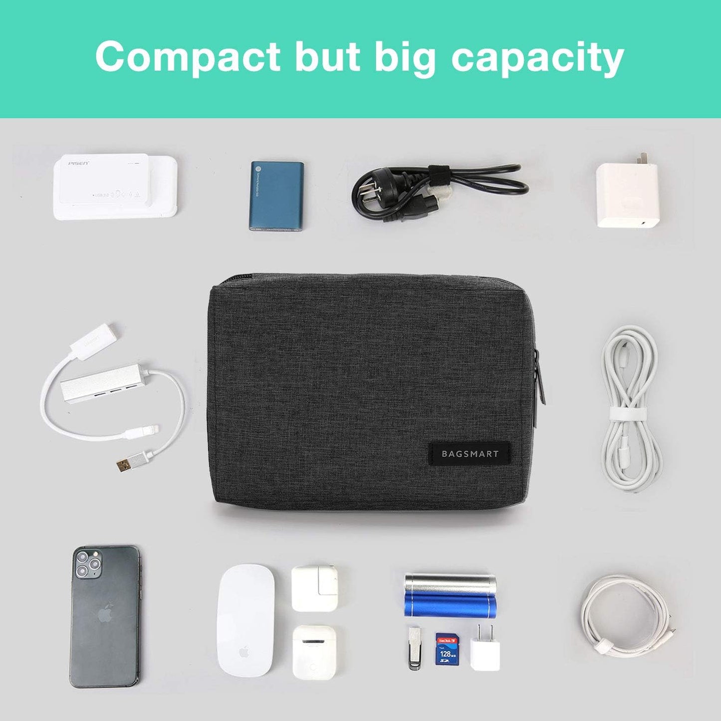 BAGSMART Electronics Organizer Travel Case, Cable Charger Cord Tech Organizer Pouch for Phone Charger Accessories, Black
