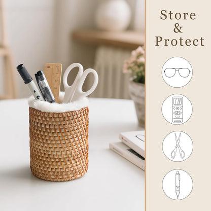 Mkono Glasses Holder for Nightstand Rattan Protective Glasses Stand for Glass Eyeglass Organizer Holder for Desk, Table