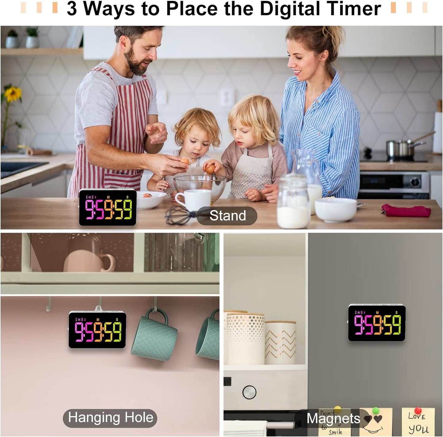 PERSUPER Kitchen Digital Timer, Count Down Up, Rechargeable, Vibration Mode Adjustable Volume and Brightness LED Display, Time Management Cook, Desk, Kids Adults Study Teaching, Kitchen Gadgets RGB