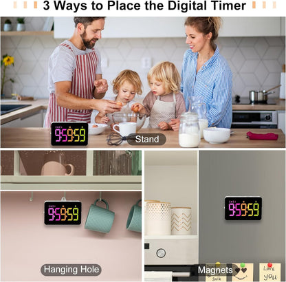 PERSUPER Kitchen Digital Timer, Count Down Up, Rechargeable, Vibration Mode Adjustable Volume and Brightness LED Display, Time Management Cook, Desk, Kids Adults Study Teaching, Kitchen Gadgets RGB