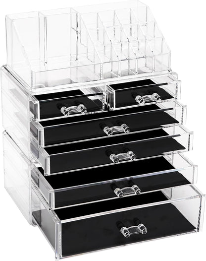 Sea Team Clear Makeup Organizer with Drawers, Acrylic Plastic Cosmetic Display Case, Jewelry Storage Box, Holder for Dresser, Bathroom, Vanity, Countertop (3 Middle Drawers)
