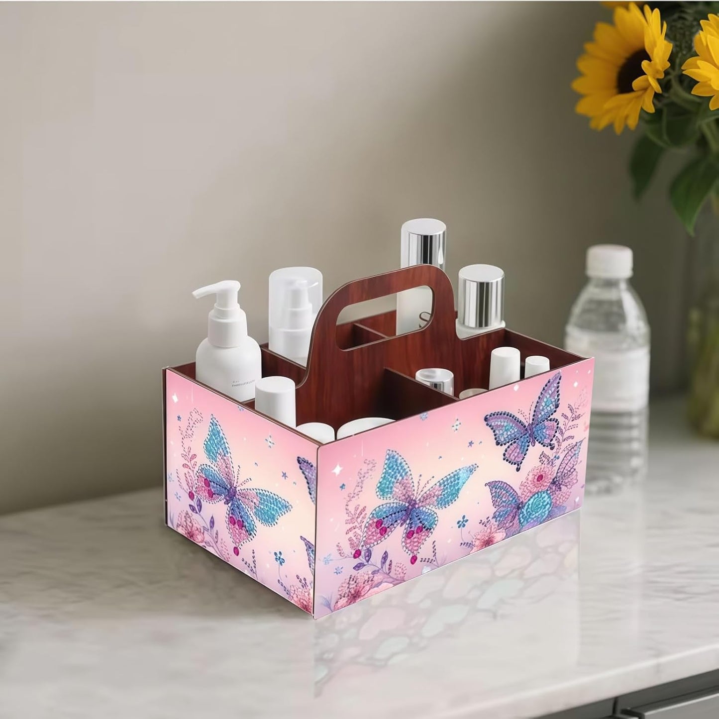 LSQFS DIY Diamond Painting Storage Box, Wooden Multi-Grid Organizer with Handle, Portable Desktop Caddy for Art Kits, Craft Tools, Makeup Brushes, Stationery Home Office