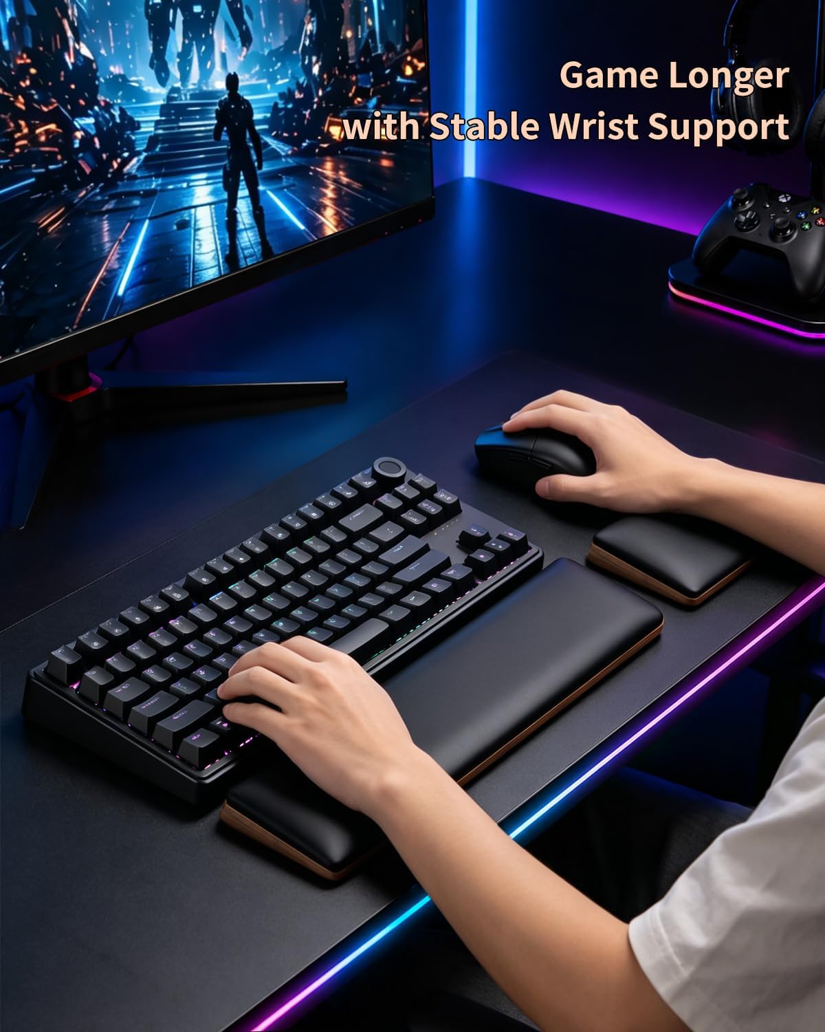 ASFSKY Keyboard and Mouse Wrist Rest Set for 60%-75% Compact Keyboards – Ergonomic Wooden Support Pad with PU Leather & Memory Foam, Anti-Slip Rubber Base for Gaming, Office & Typing Pain Relief
