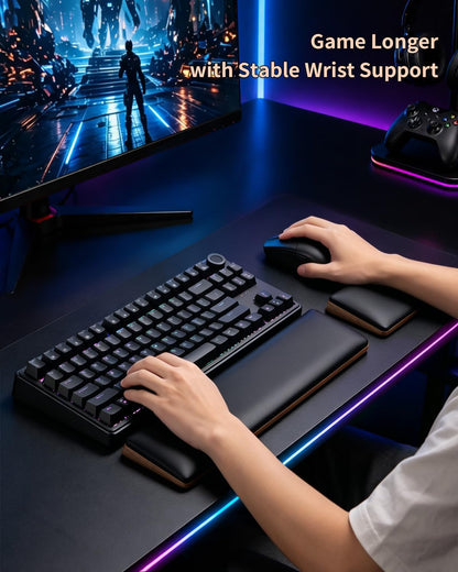 ASFSKY Keyboard and Mouse Wrist Rest Set for 60%-75% Compact Keyboards – Ergonomic Wooden Support Pad with PU Leather & Memory Foam, Anti-Slip Rubber Base for Gaming, Office & Typing Pain Relief