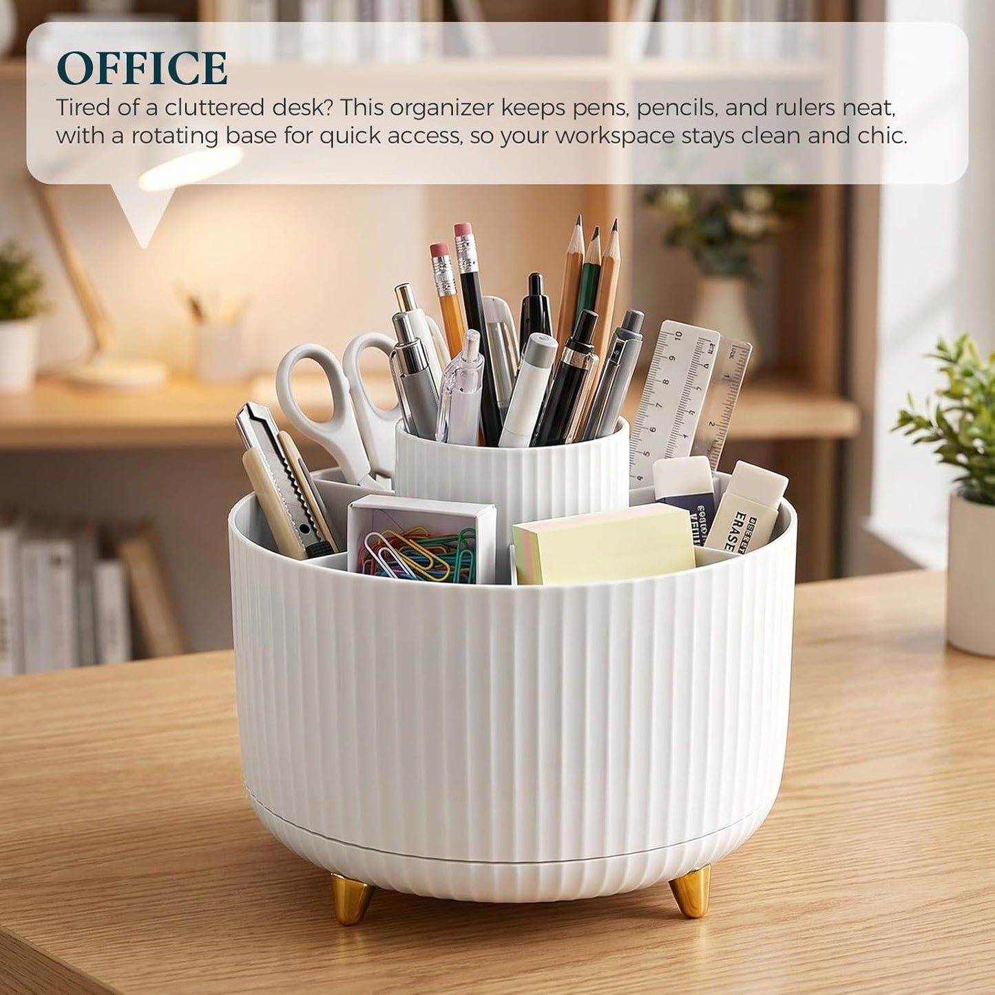 KONVINIT Pencil Pen Holder for Desk, 5 Slots 360 - Degree Rotating Desktop Organizer, Cute Desk Organizers and Accessories for School, Home, Office and Art Supply, Black