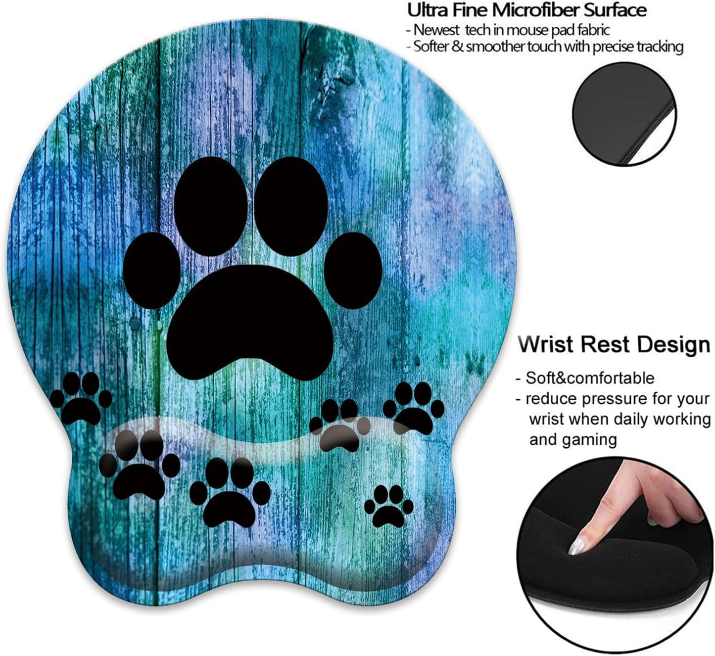 Mouse Wrist Rest and Keyboard Wrist Rest Pad Set, Non-Slip Rubber Base Smooth Surface Ergonomic Gaming Mouse Pad for Easy Typing and Pain Relief, Antique Blue Wood Grain Dog Paw + Coaster