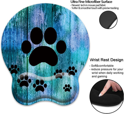 Mouse Wrist Rest and Keyboard Wrist Rest Pad Set, Non-Slip Rubber Base Smooth Surface Ergonomic Gaming Mouse Pad for Easy Typing and Pain Relief, Antique Blue Wood Grain Dog Paw + Coaster