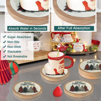 Wood Coasters for Drinks, Minacun Absorbent Coaster Sets of 5, Drinks Coasters for Coffee Tabletop Protection, Non-Slip, Non-Stick, Suitable for Kinds of Cups Wooden Table Drink, 4.3 Inches Black