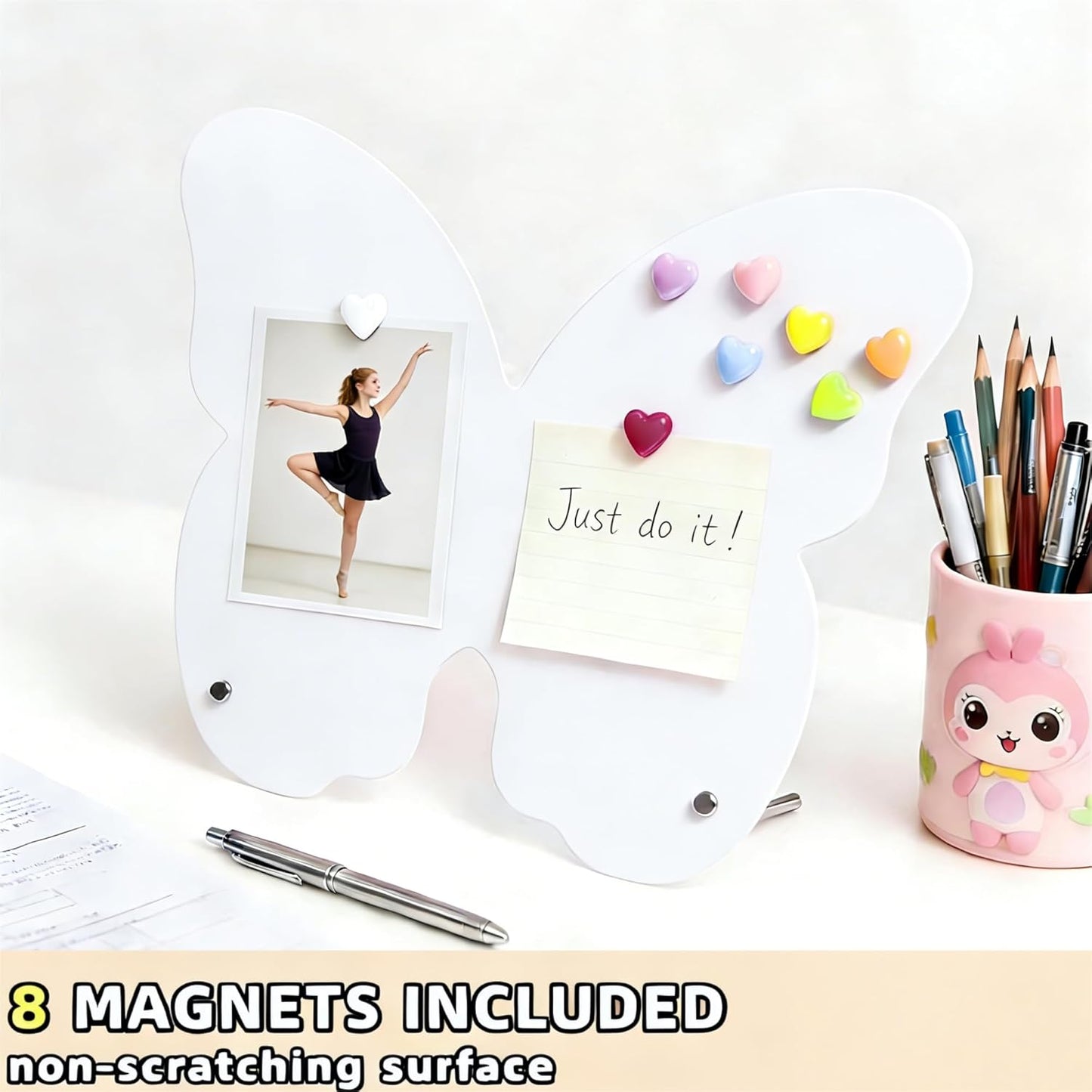 2 Pcs Magnetic Board, Black Magnet Message Board, 11"x7.8"Metal Magnetic Bulletin Board with 50pcs Memo Sheets and 8pcs Magnets, Magnet Display for Home, School, Kitchen, Office(Square,White)