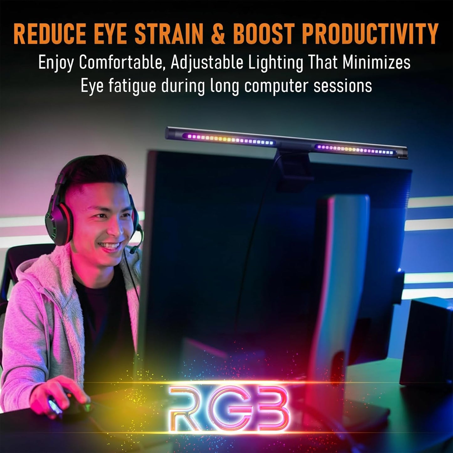 Beam RGB Monitor Light Bar | LED Monitor Lamp for Computer & Desk | Adjustable Backlight & Front White Light | Eye Caring Screen | Touch Control, USB Powered | Space Saving Clamp | Matte Black