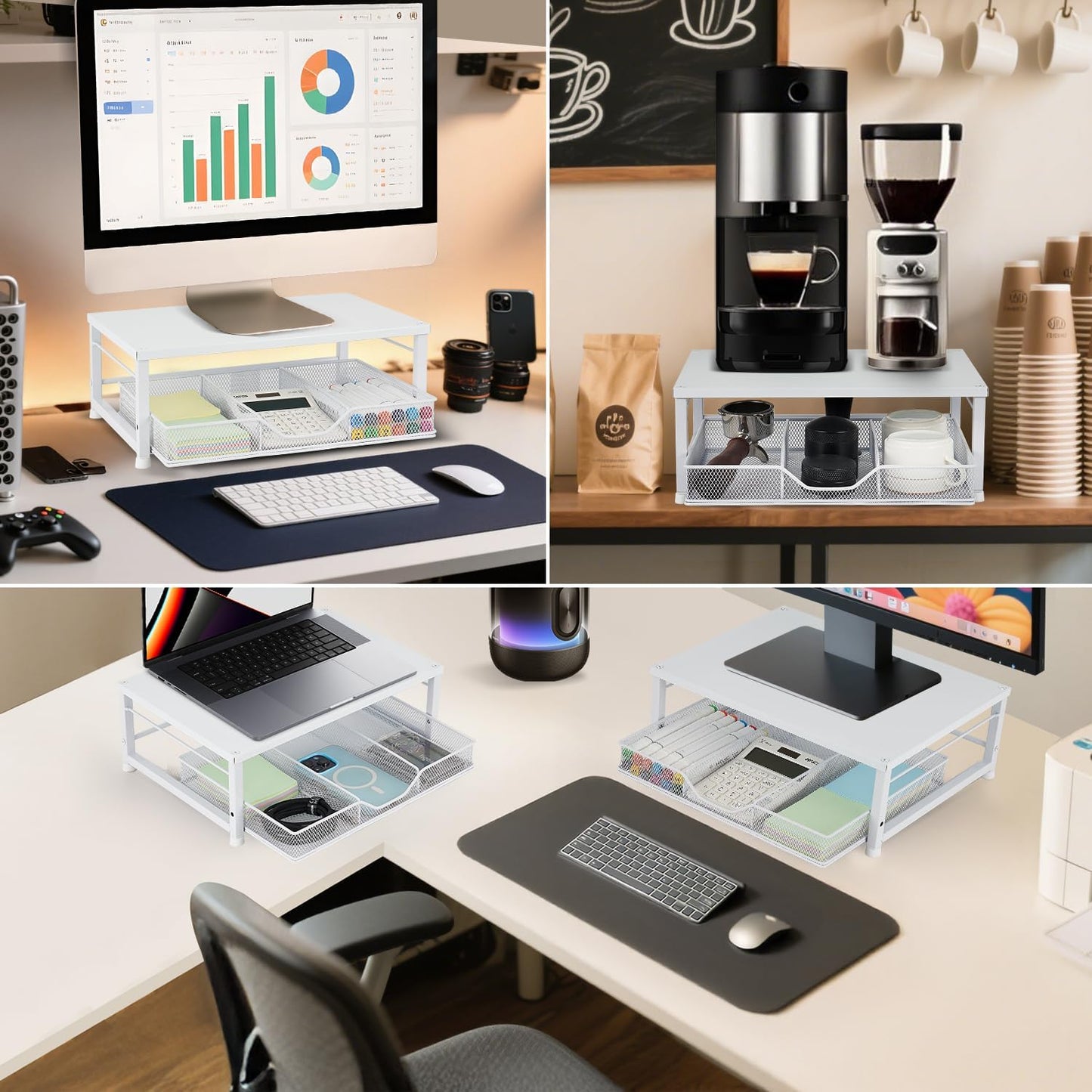 Wood Metal Monitor Stand Riser, Laptop Stand for Desk, Office Desk Organizer and Accessories, Computer Desktop Shelf with Drawer and Pen Holder, Printer Stand for Home, Office, Dorm (Natural Wood)