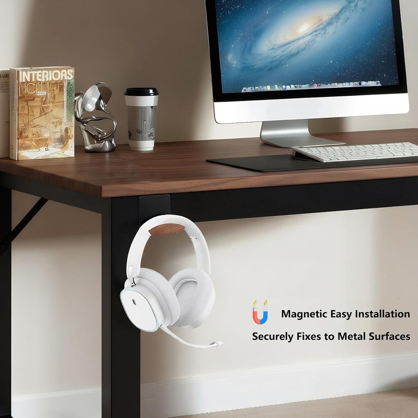 Magnetic Headphone Holder Desk Headset Holder for Monitor Headphone Hanger Under Desk Headphone Mount Stand Walnut Wood