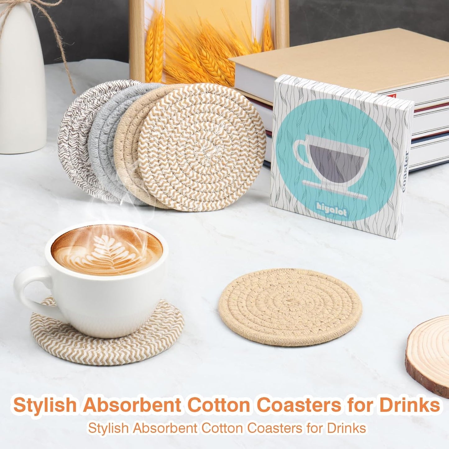 4.8" Drink Cotton Coasters Set of 2 – Boho Woven Drink Pads for Coffee & Tea, Neutral Sandstone Blend Fabric Cup Mats for Desk, Table, Nightstand, Dorm, Giftable Absorbent Coaster Set (Latte)