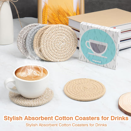 4.8" Drink Cotton Coasters Set of 2 – Boho Woven Drink Pads for Coffee & Tea, Neutral Sandstone Blend Fabric Cup Mats for Desk, Table, Nightstand, Dorm, Giftable Absorbent Coaster Set (Latte)