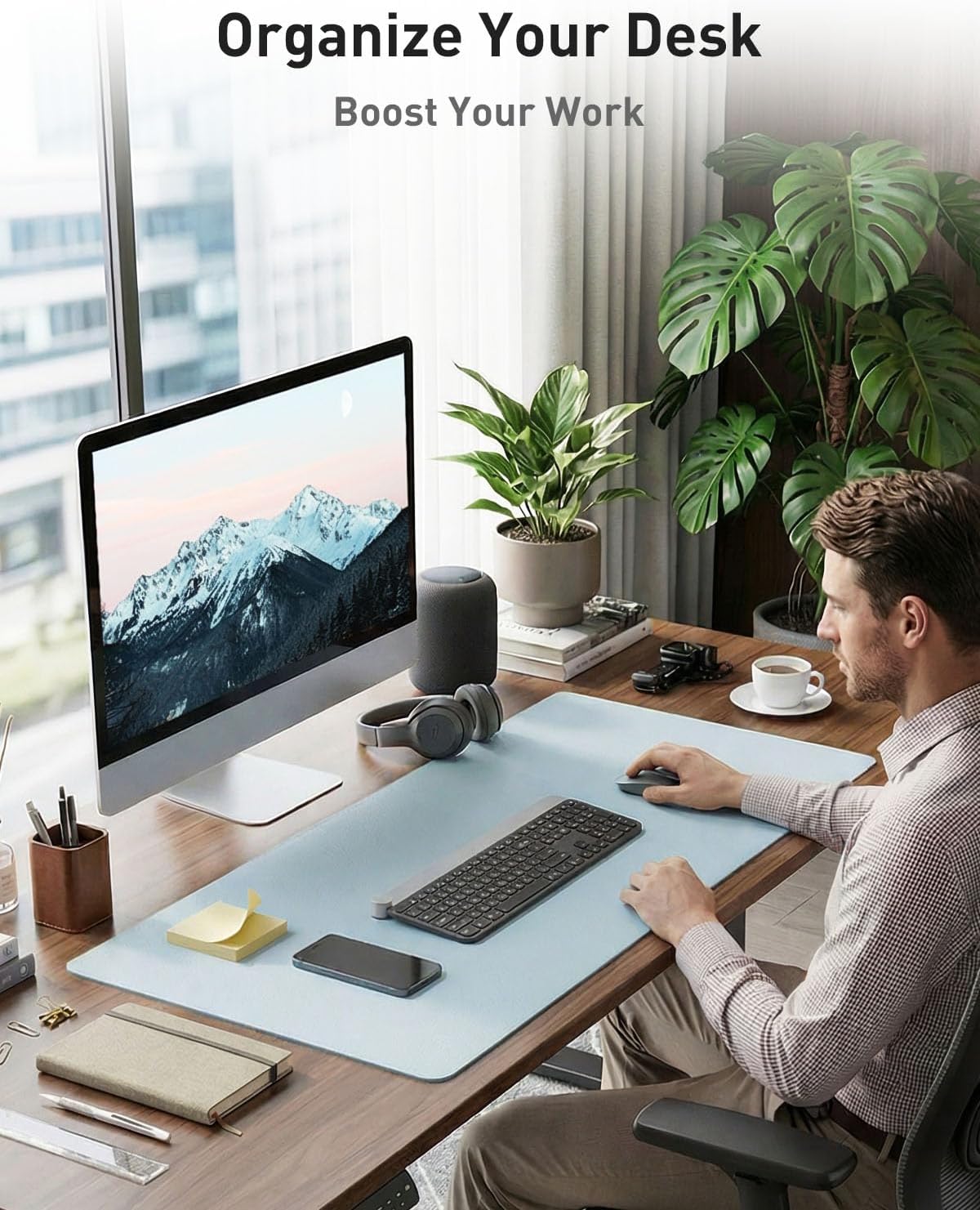 Aothia Leather Desk Pad Protector, Mouse Pad, Office Desk Mat, Non-Slip PU Leather Desk Blotter, Laptop Desk Pad, Waterproof Desk Writing Pad for Office and Home(Dark Blue,31.5" x 15.7") - Colors B