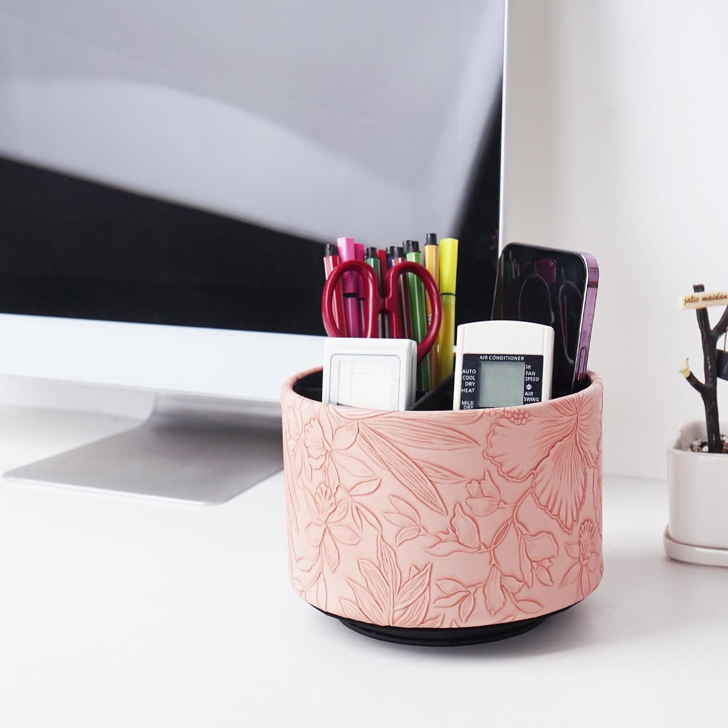Round Leather Art Supply Organizer,Remote Control Holder,360 Degree Rotating,Multi-Functional Pencil Holder,4 Compartments Desktop Stationary Organizer(1-Fractal Flower) | Round - Colors A