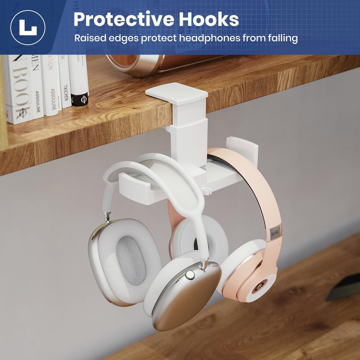 Dual Headphone Stand Holder - EURPMASK 2 in 1 PC Gaming Headset Hooks, 360 Degree Rotating Headphone Hanger with Adjustable Clamp & Cable Clip Organizer, Headset Mount Under Desk Earphone Clamp-Black