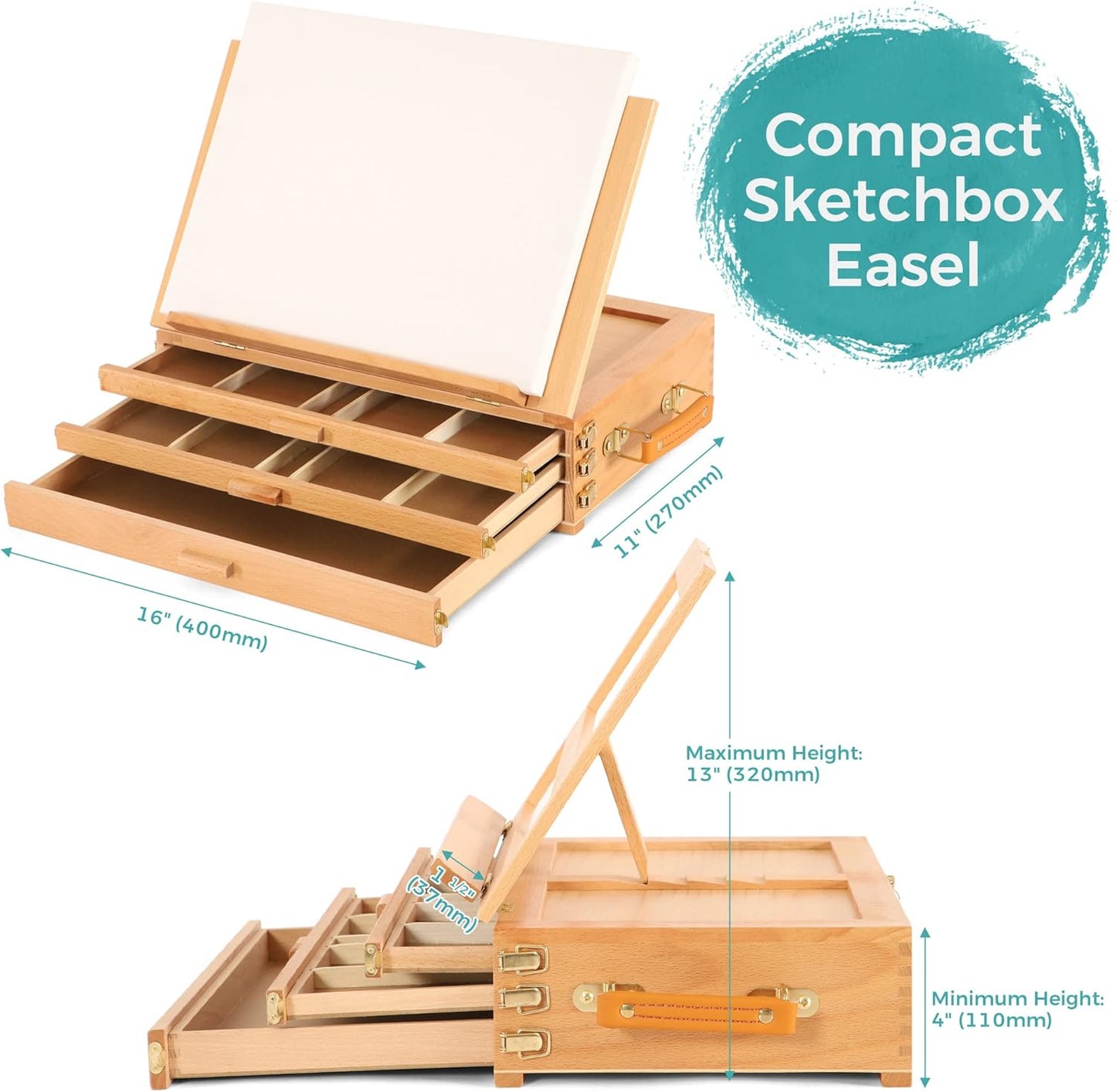 VISWIN Tabletop Easel with Storage Drawer & Palette, Adjustable Portable Beech Wood Sketch Box Table Top Easel for Painting, Desktop Travel Art Easel for Adults, Artists, Students