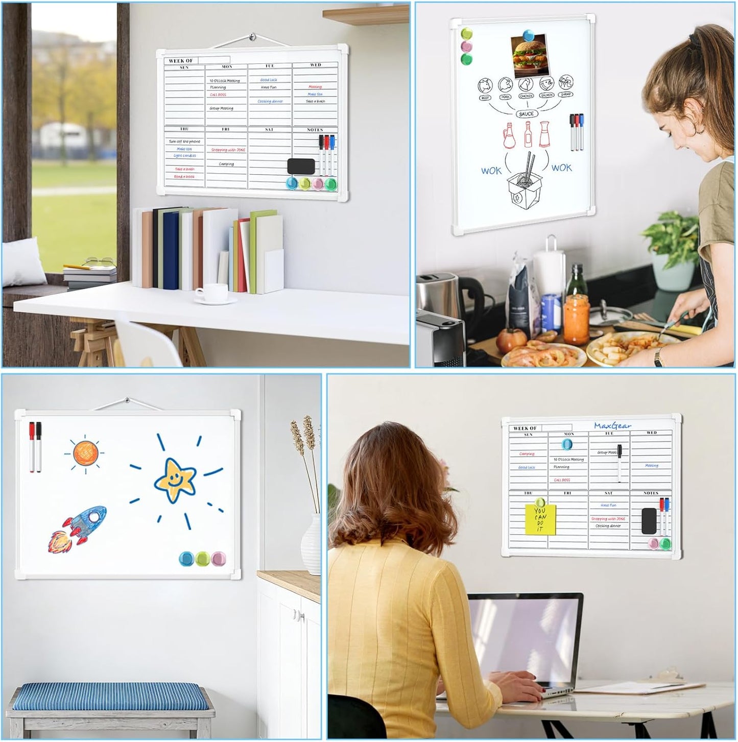 MaxGear Monthly Calendar Dry Erase Board for Wall, 16"x12" Small Hanging Double-Sided White Board, Portable Whiteboard for Planning, Drawing, Memo, to Do List, School, Home, Kitchen, Office
