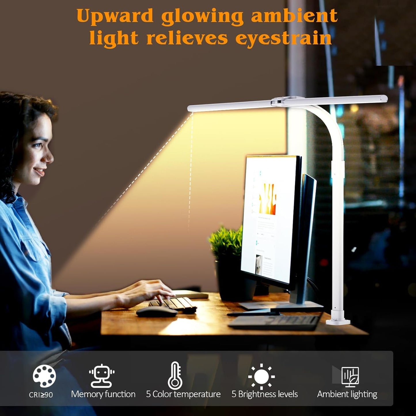 AKRRYR LED Desk Lamp for Home Office, Double Head 24W with Base, Architect Light 5 Lighting Brightness Flexible Gooseneck Table Reading Study, Black