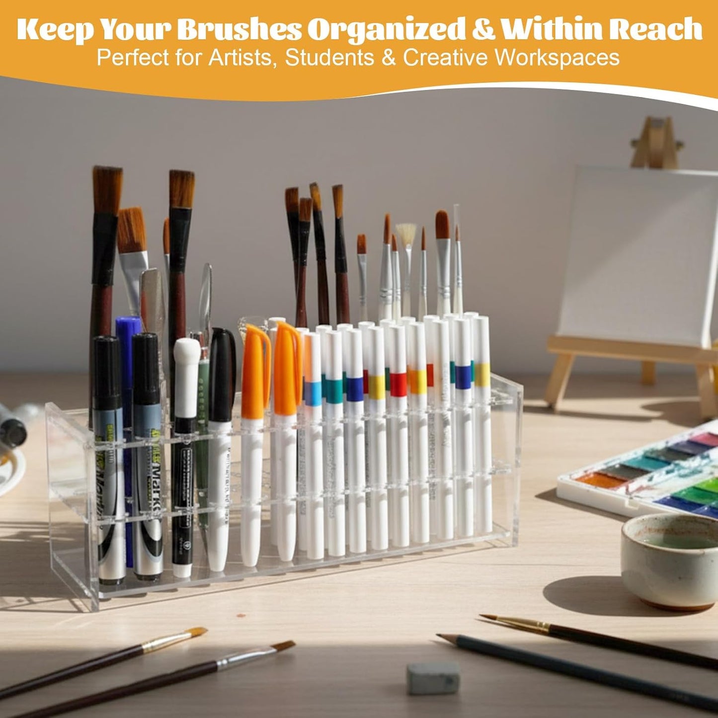 Novabright 2 Pack 105 Holes Acrylic Paint Brush Holder Organizer, Clear Pen Display Stand Rack Detachable Makeup Brush Holder for Pencils Artist Desk, Easy Assembly Art Supplies Storage