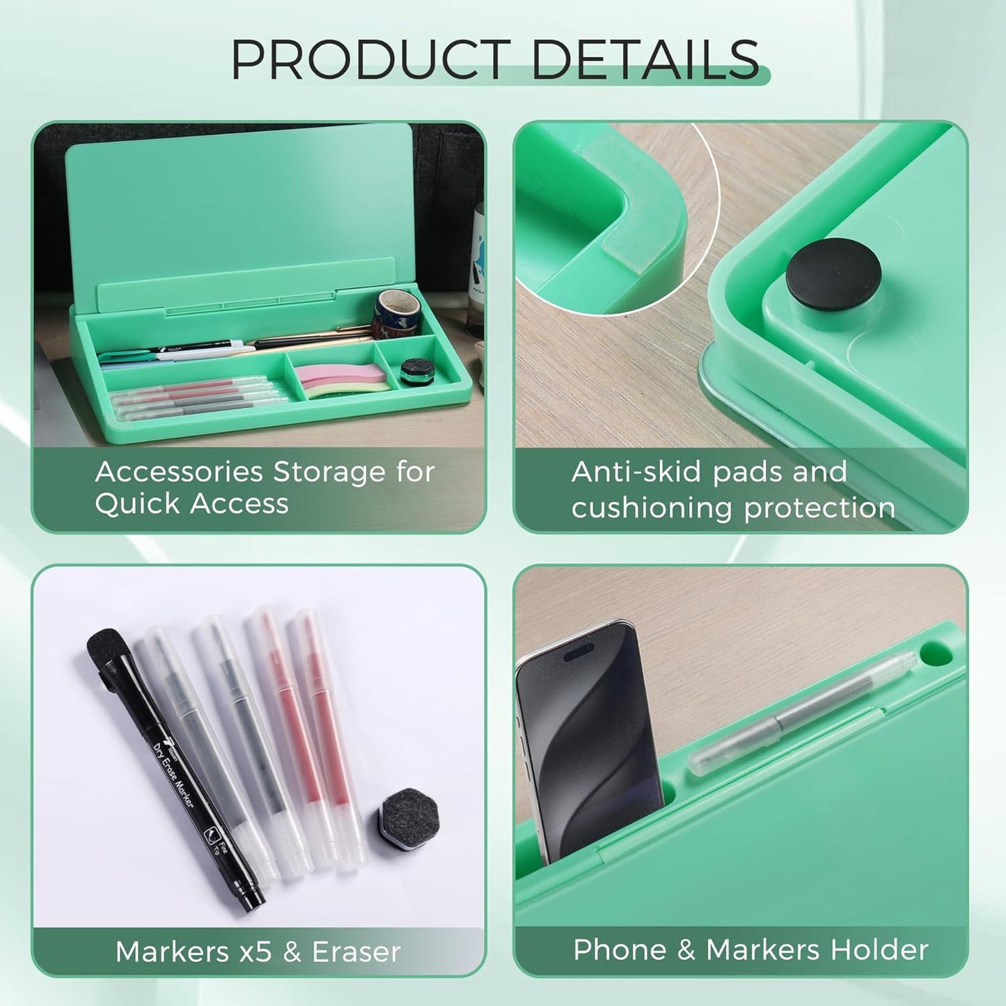 TOWON Small Compact Glass Desktop Whiteboard with Storage – 12 x 7 in Dry Erase Board for Desk, Home Office, School | Includes 5 Markers, Eraser & Holder | Space-Saving Organizer, Aesthetic Rose Gold
