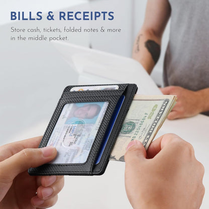 Buffway Slim Minimalist Front Pocket RFID Blocking Leather Wallets for Men and Women - Carbon Fiber Black - Colors B