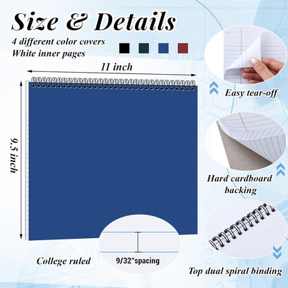 MotiMind 4 Pack Landscape Notebook Top Spiral Bound 11 x 9.5 Inch College Ruled Legal Pads Horizontal Notepad with Hole Punched Pages for Office School Meeting Project Notes Daily Use, White