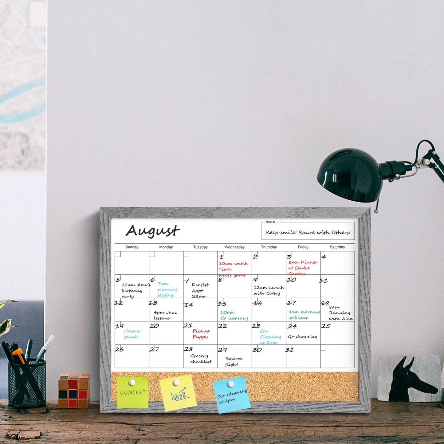 Calendar Whiteboard for Wall, TANKEE 17x13 Inches Whiteboard Calendar Cork Board Combo, Small Magnetic White Board with Wood Framed, Hanging Dry Erase Board for Kitchen Home Office School Planner