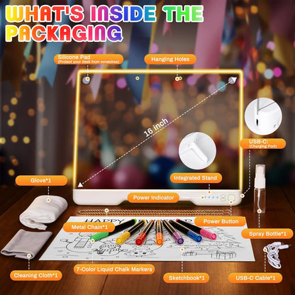 16-Inch LED Drawing Board for Kids, Rechargeable LED Doodle Board with 7 Light Modes & Built-in Stand, LED Note Board, Great Art Gift for Boys and Girls