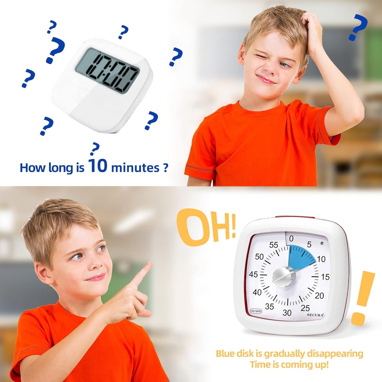 Secura 60-Minute Visual Timer, Silent Study Timer for Kids and Adults, Time Clocks, Time Management Countdown Timer for Teaching (Black & Cloud)