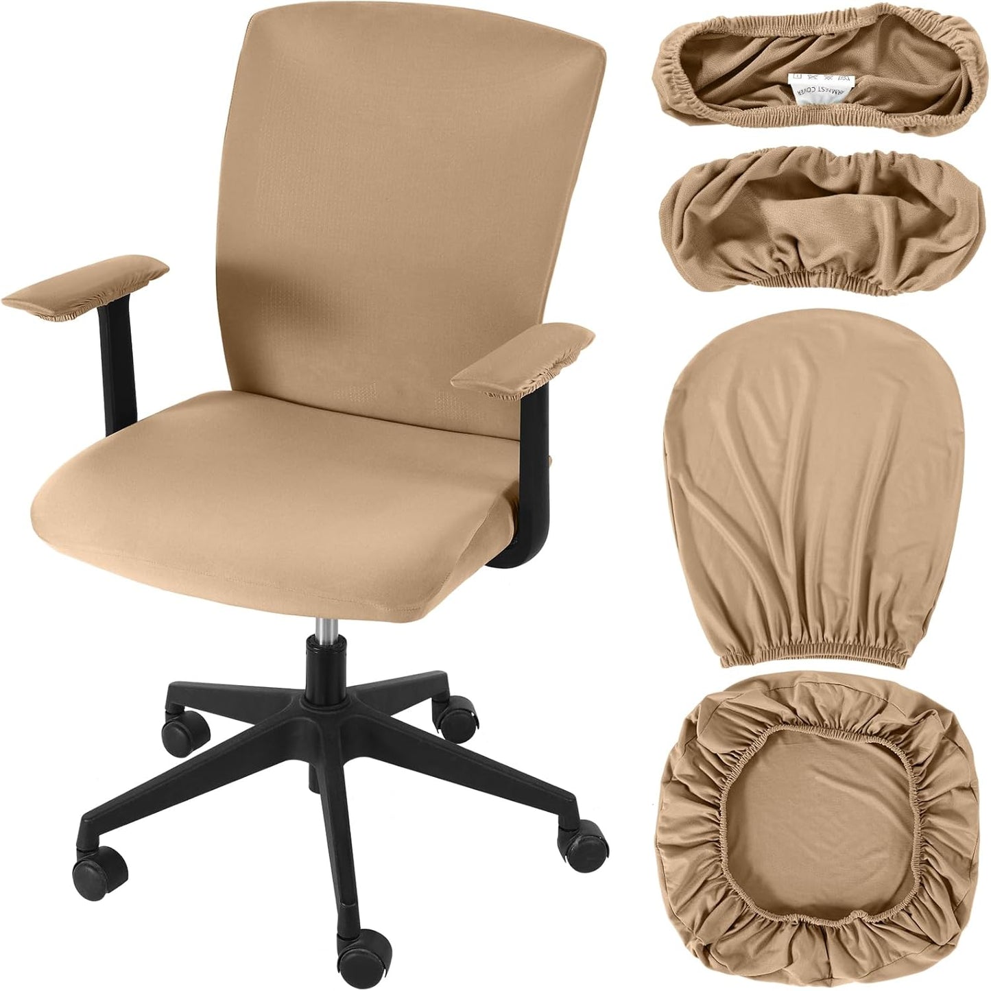Tallew 4 Pcs Office Chair Covers Set Computer Universal Protective Stretchable Chair Seat Covers Desk Armrest Cover Pads Office Cushion Backrest for Rotating(Regular,Black)