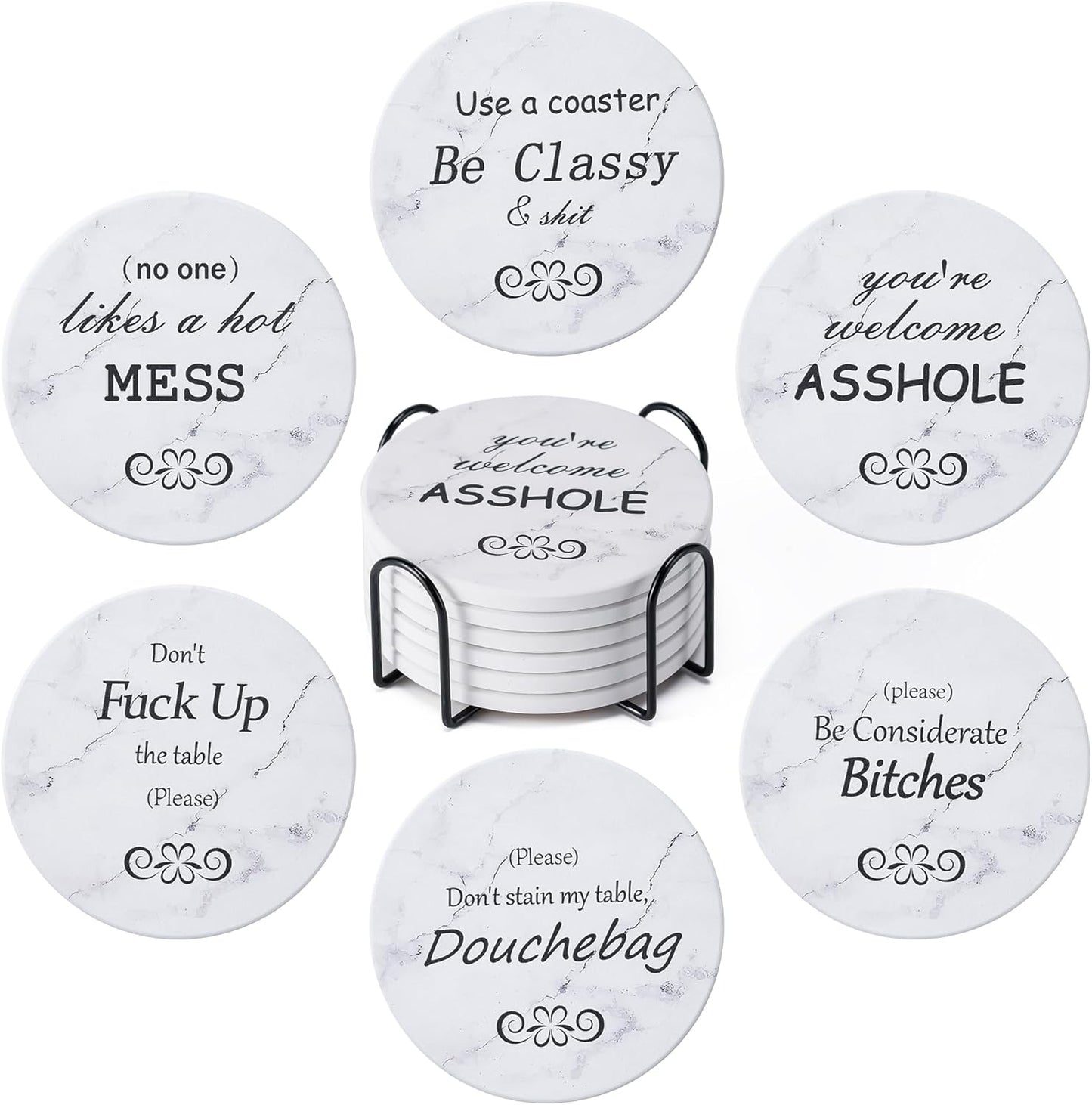 6Pcs Drink Coasters with Holder, Marble Style Ceramic Drink Coaster, Absorbent Coasters Set Suitable for Kinds of Cups, Modern Style Coaster for Coffee Table, 4 Inches