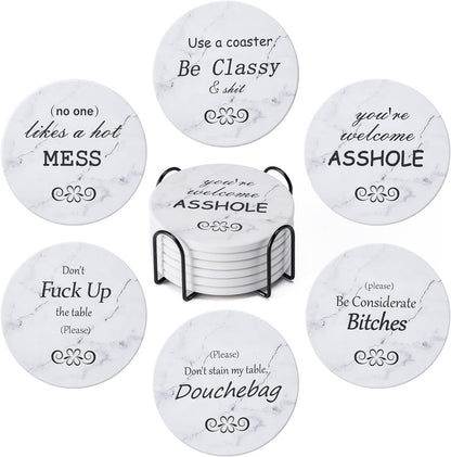 6Pcs Drink Coasters with Holder, Marble Style Ceramic Drink Coaster, Absorbent Coasters Set Suitable for Kinds of Cups, Modern Style Coaster for Coffee Table, 4 Inches