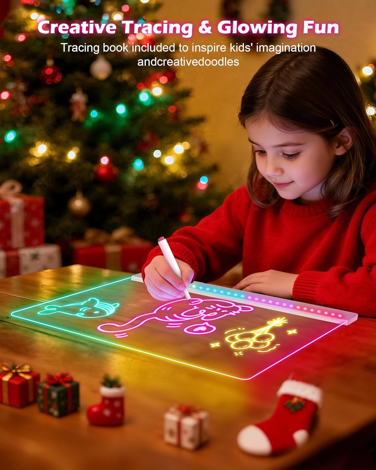 Rechargeable LED Drawing Board for Kids, 17-Inch Glow Doodle Drawing Pad with 7 Colors & 4 Light Modes, Neon Light Up Acrylic Dry Erase Note Board with Stand, Hanging Chain, 12 Markers, 2 Pack