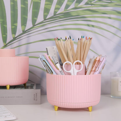 SKYDUE 360 Rotating Plastic Desk Pen Organizer with 5 Slots, Dual-Purpose Art Supply Pencil Cup for Office, School, Home