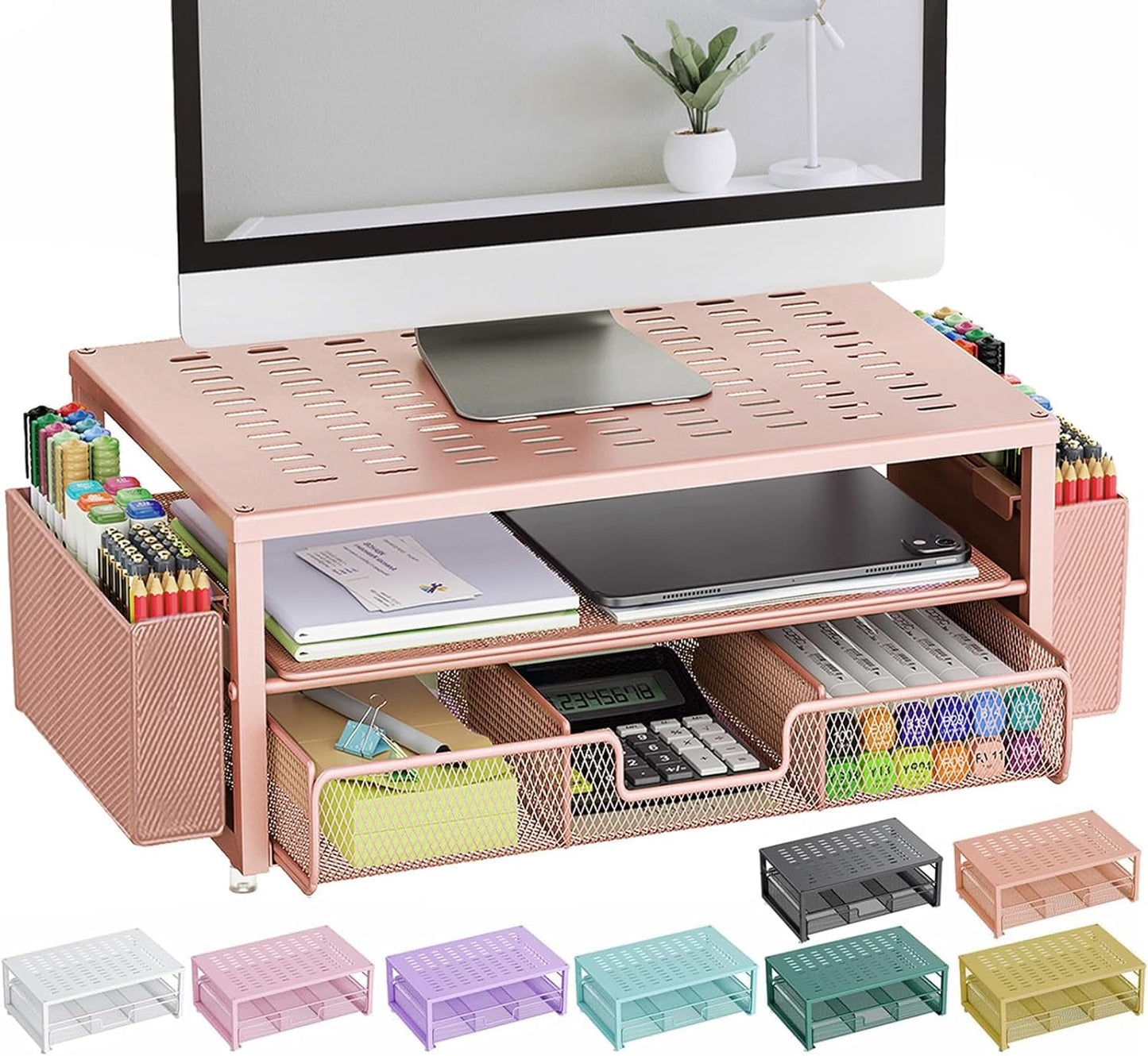 gianotter Monitor Stand Riser, Office Desk Shelf Organizer, Desk Organizer with Drawer and Pen Holder, 2-Tier Computer Stand, Office Organization (Ink)