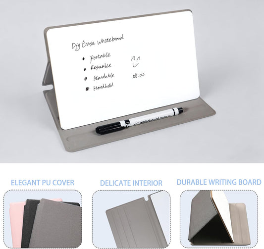 Portable Small Dry Erase Board | Handheld Whiteboard Reusable White Board Dry Erase Notebook | Standable Desktop Notepad | Home Office Study Essentials-PU Cover Writing Board 9.5" x 6.6"